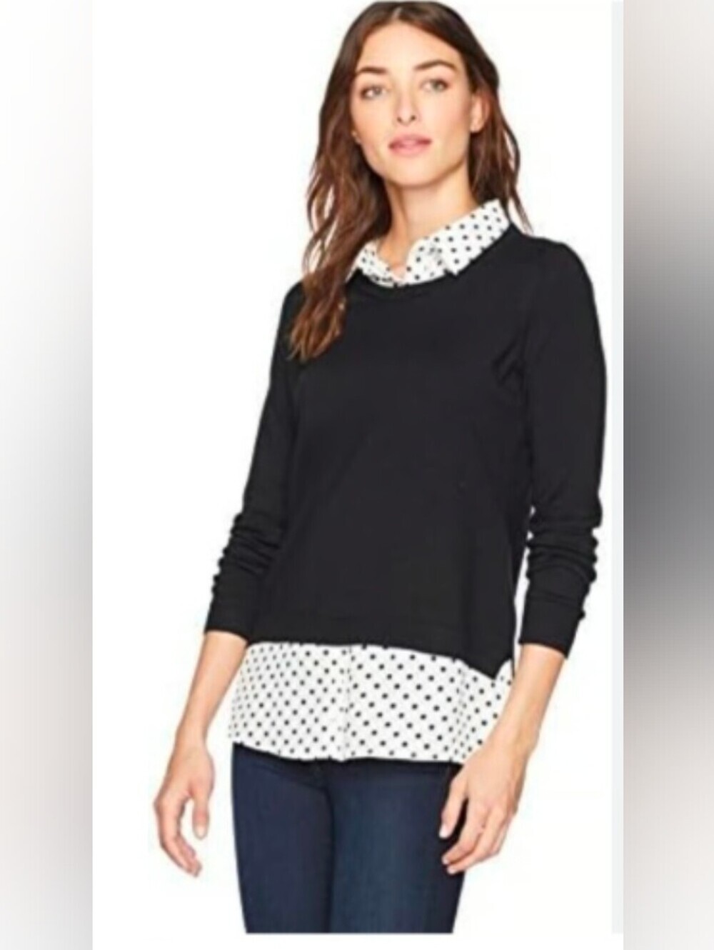 Adrianna Papell Black Layered-Look Crewneck Sweater White Polka Dot Trim Size S